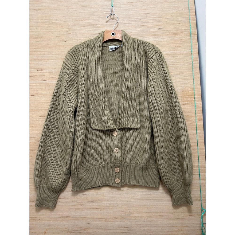 Vintage Country Suburbans Shaker Knit‎ Cardigan Olive Green Shawl Collar M